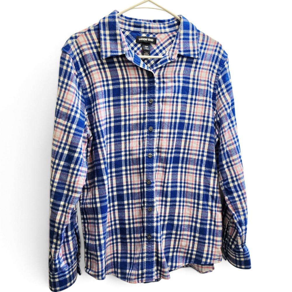 Lands' End Plaid Flannel Button Shirt Long Sleeve Women's 12P Pink Blue Cotton